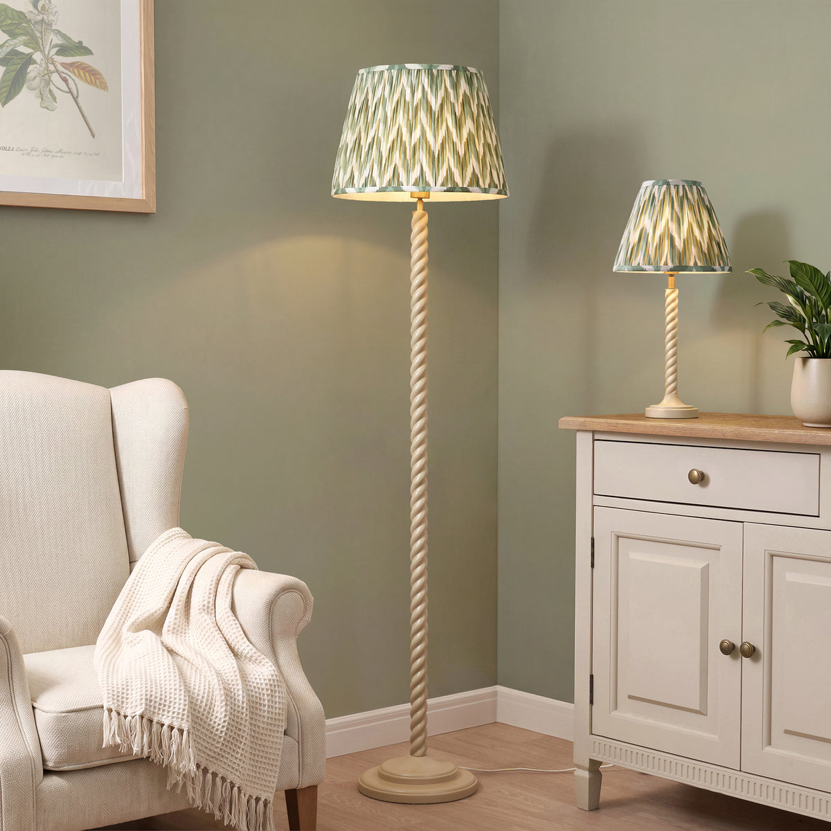 Twist Floor Lamp in Almond White with Cotswold Green 40cm Zigzag Shade