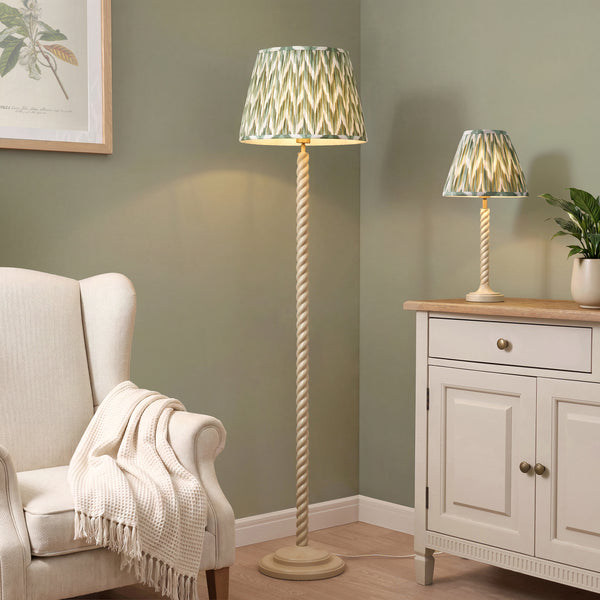 Twist Floor Lamp in Almond White with Cotswold Green 40cm Zigzag Shade