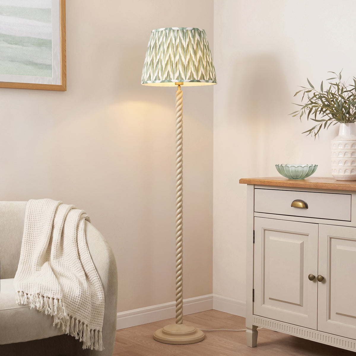 Twist Floor Lamp in Almond White with Cotswold Green 40cm Zigzag Shade