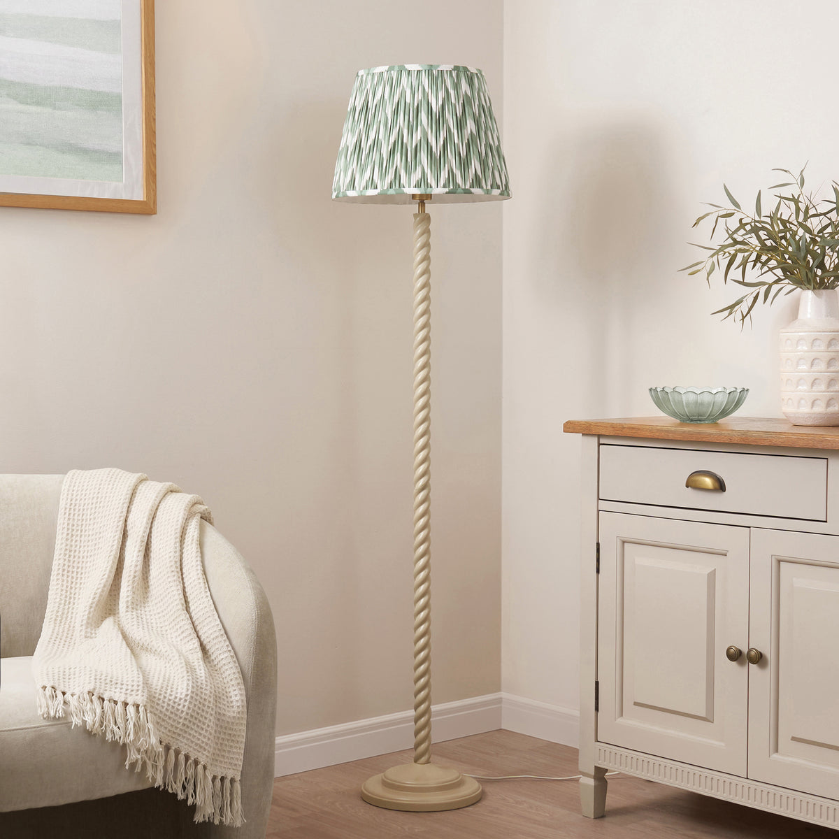 Twist Floor Lamp in Almond White with Cotswold Green 40cm Zigzag Shade