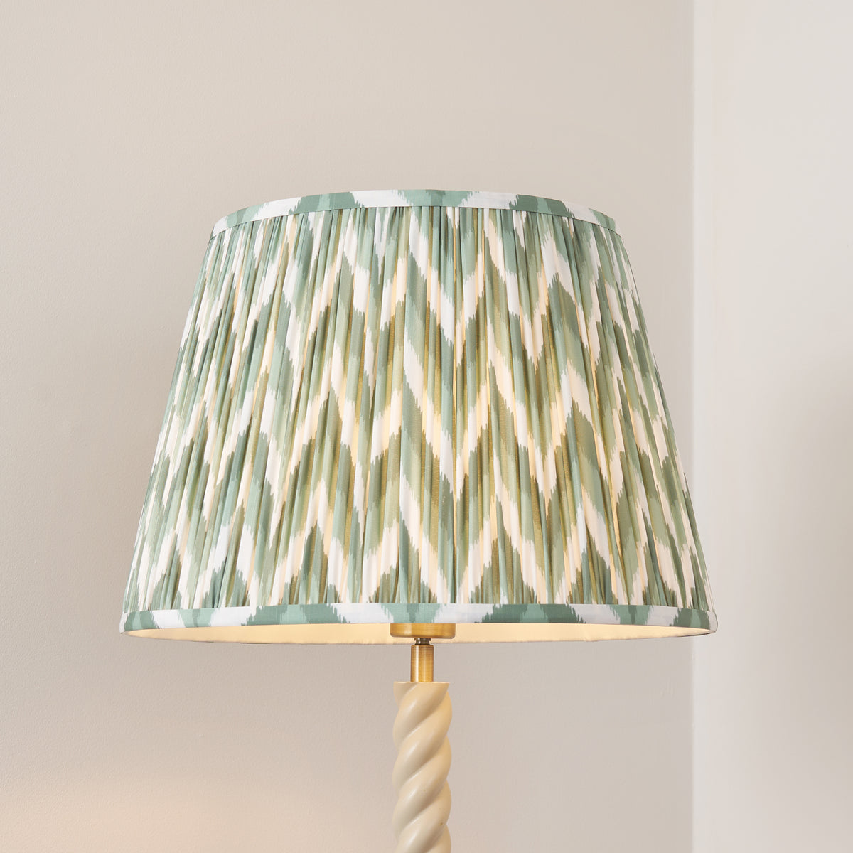 Twist Floor Lamp in Almond White with Cotswold Green 40cm Zigzag Shade