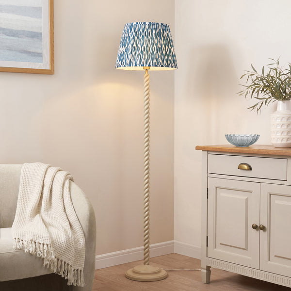 Twist Floor Lamp in Almond White with Marlin Blue 40cm Ikat Shade