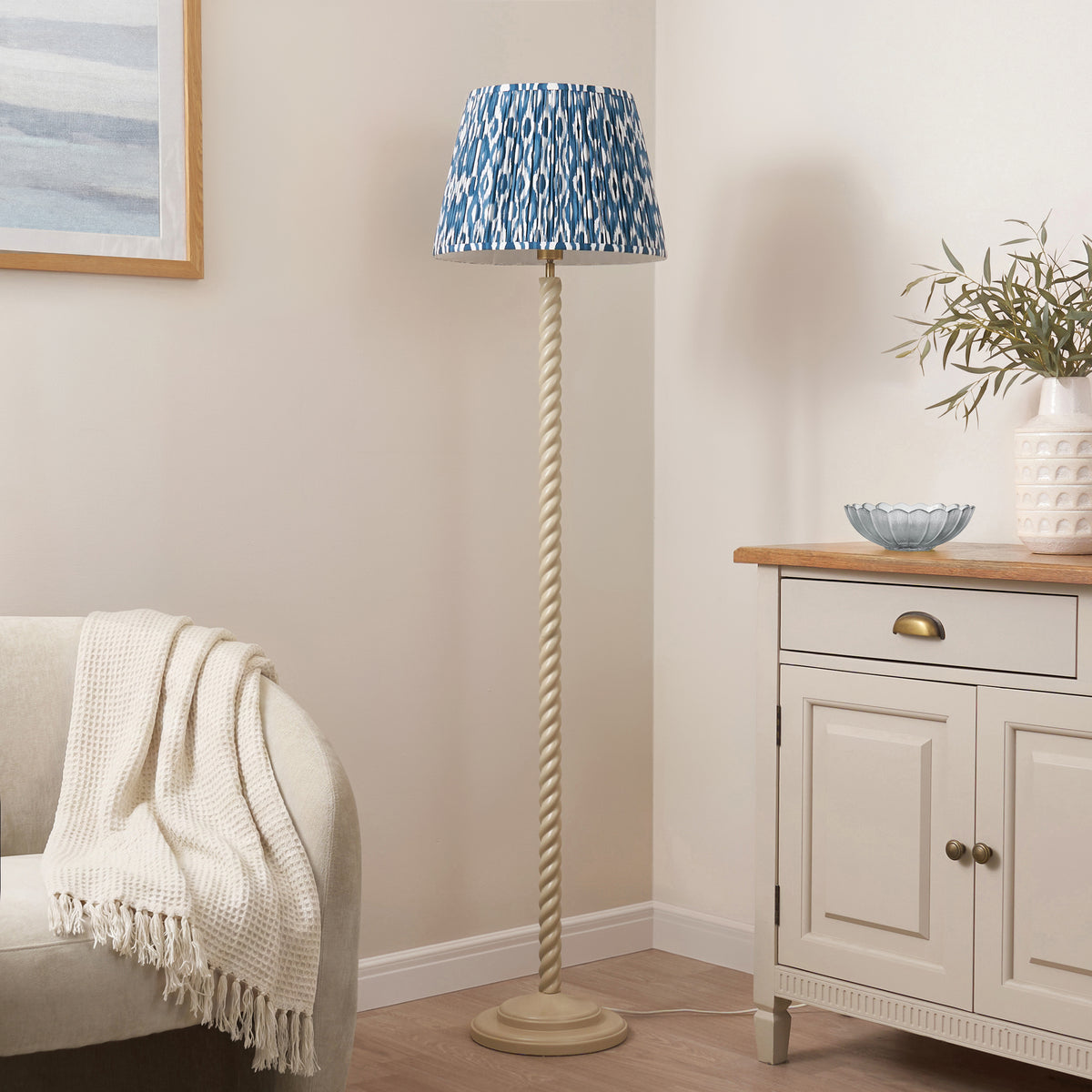Twist Floor Lamp in Almond White with Marlin Blue 40cm Ikat Shade