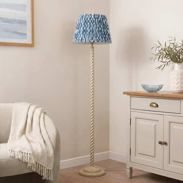 Twist Floor Lamp in Almond White with Marlin Blue 40cm Ikat Shade