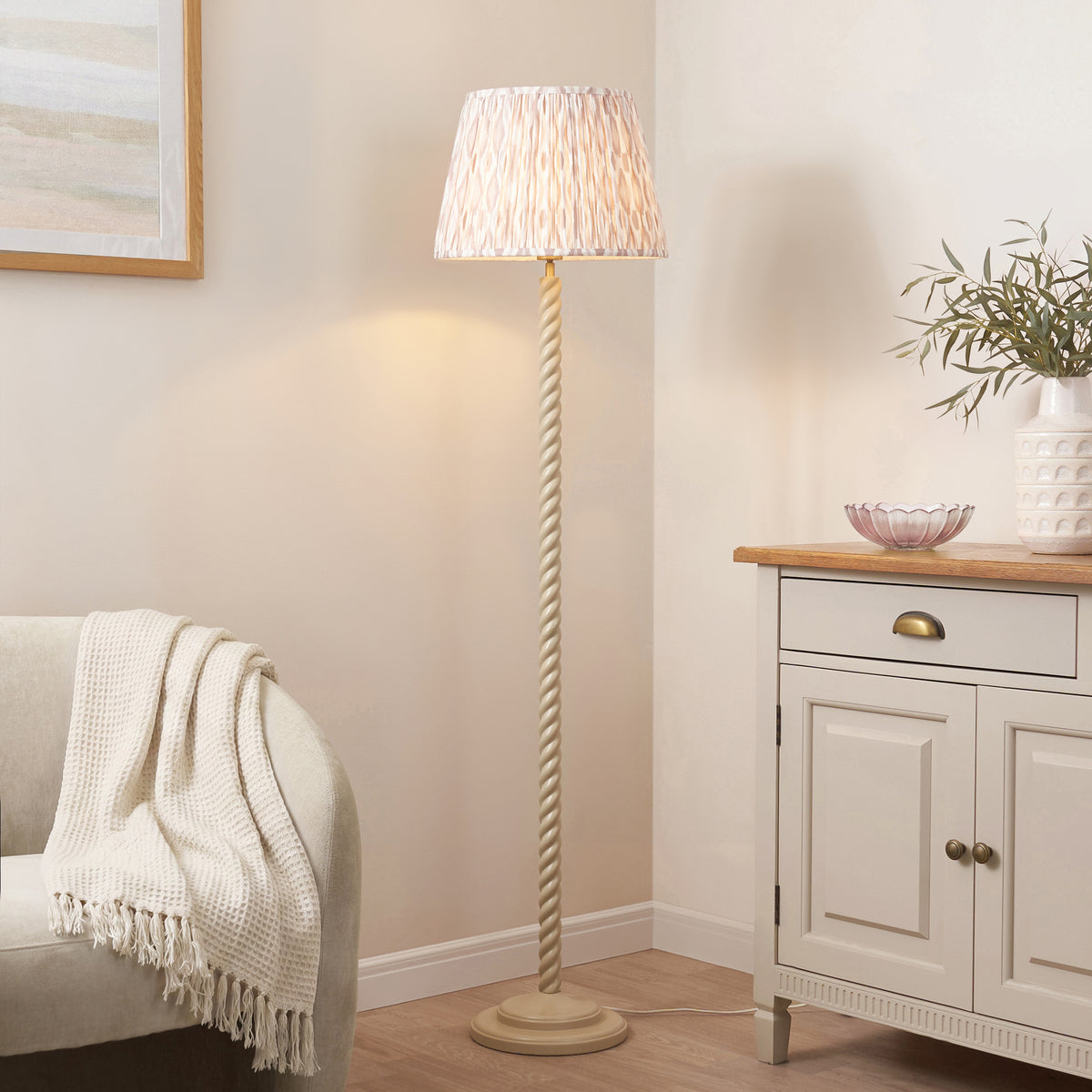 Twist Floor Lamp in Almond White with Natural 40cm Ikat Shade