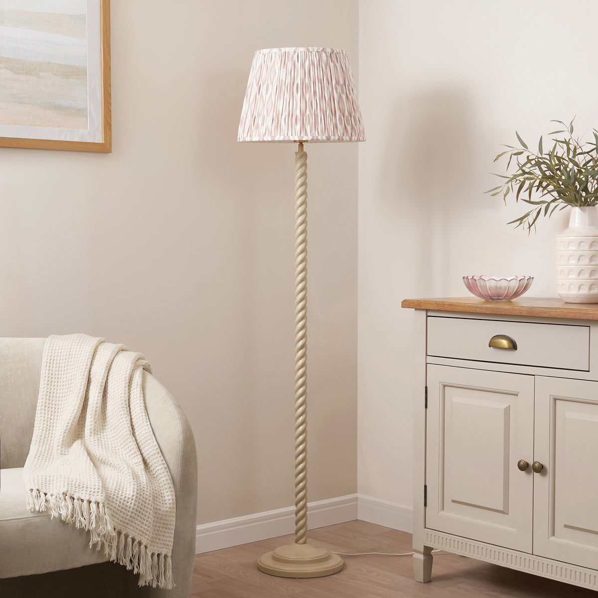 Twist Floor Lamp in Almond White with Natural 40cm Ikat Shade