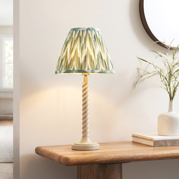 Twist Table Lamp in Satin Almond White with Cotswold Green 25cm Zigzag Shade