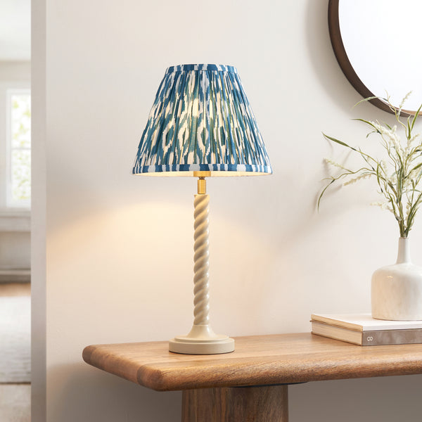 Twist Table Lamp in Satin Almond White with Marlin Blue 25cm Ikat Shade