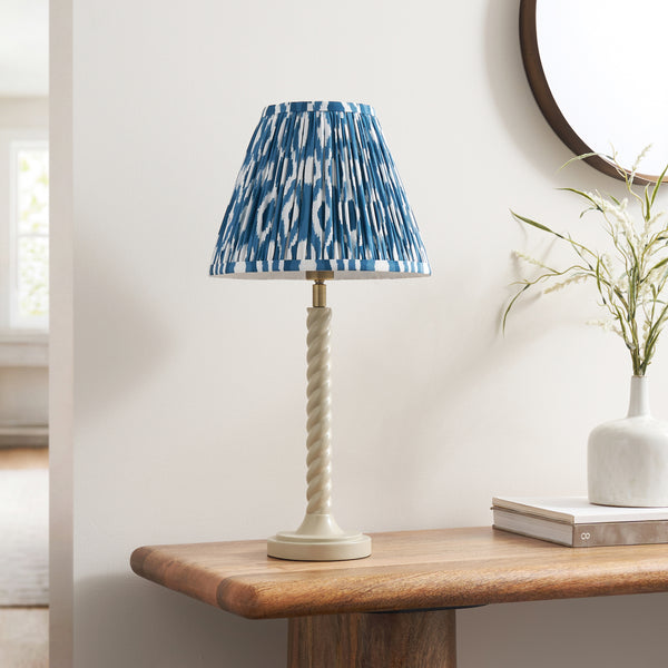 Twist Table Lamp in Satin Almond White with Marlin Blue 25cm Ikat Shade