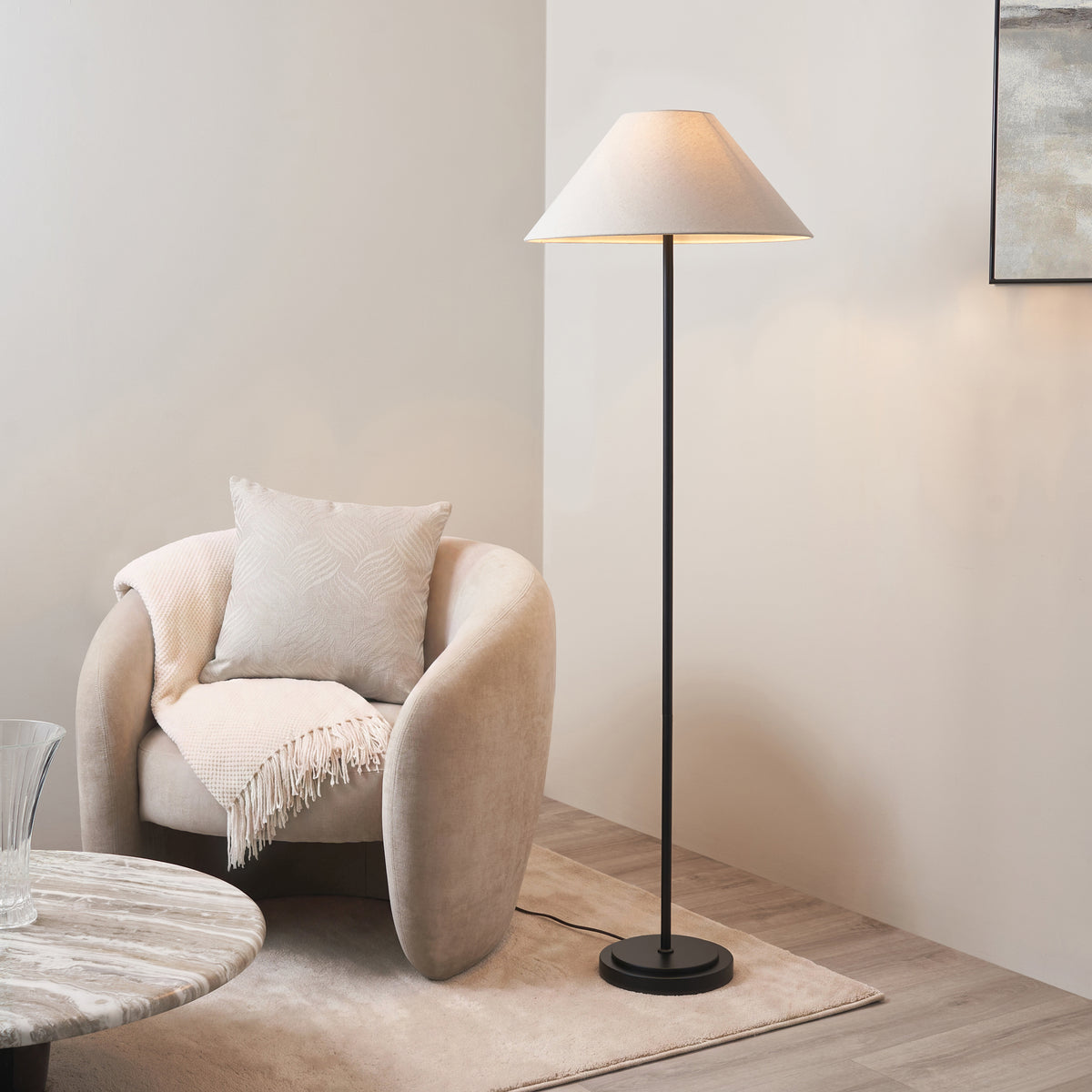 Arlo Floor Lamp in Matt Black with Avalon 52cm Natural Shade