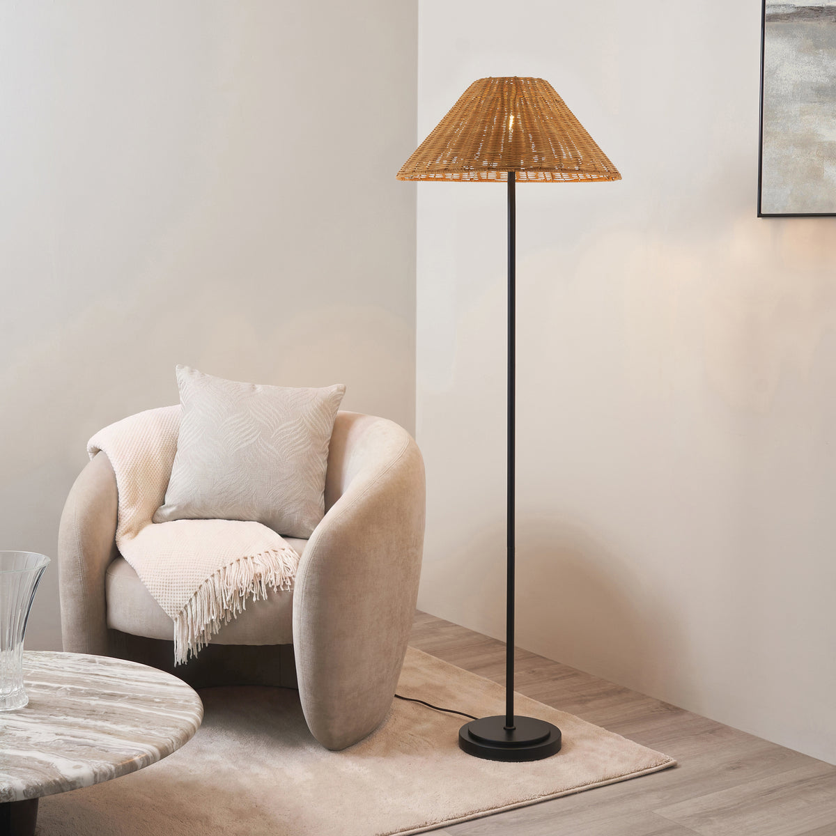 Arlo Floor Lamp in Matt Black with Warm Brown 52cm Rattan Shade