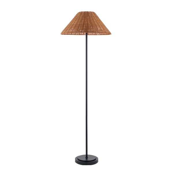 Arlo Floor Lamp in Matt Black with Warm Brown 52cm Rattan Shade