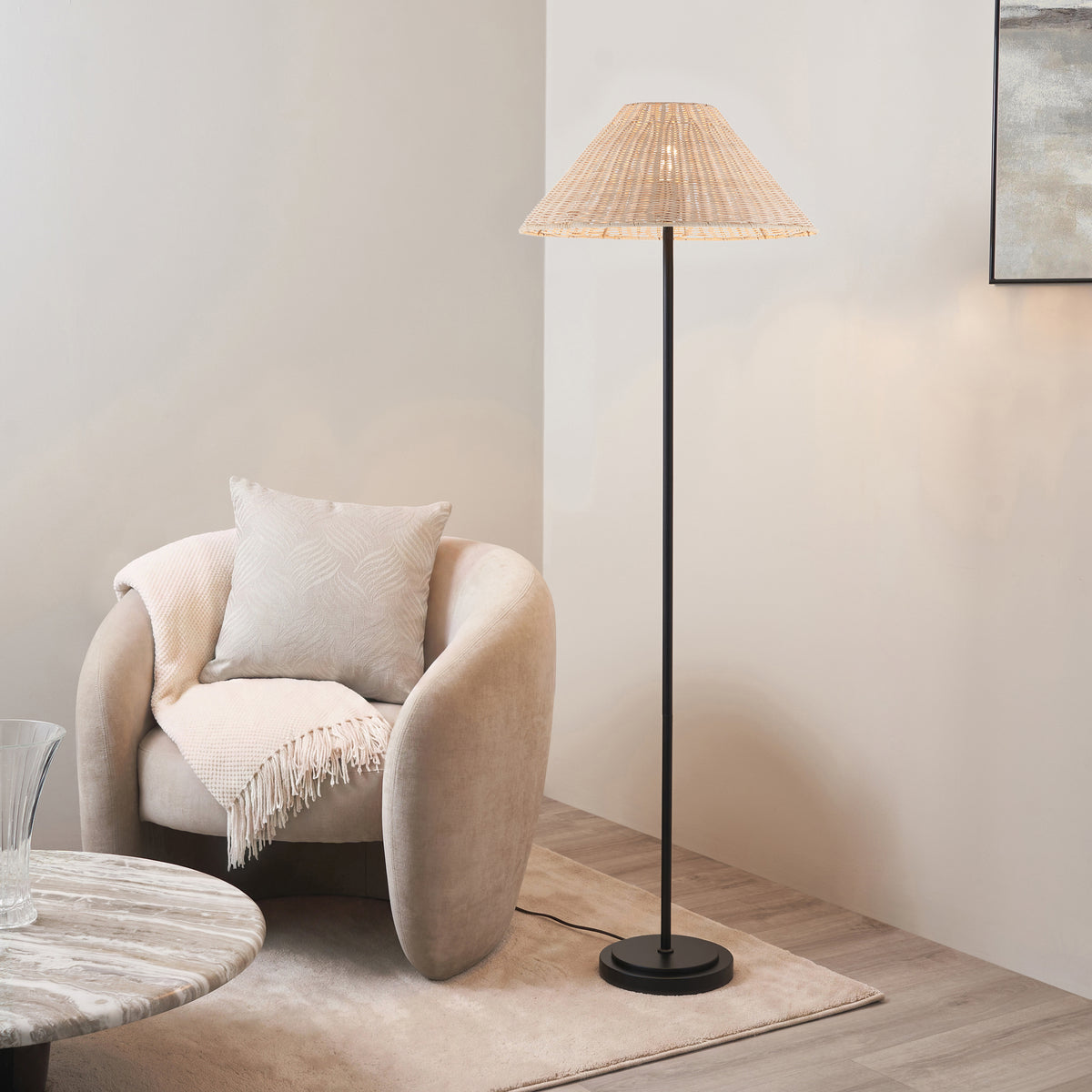Arlo Floor Lamp in Matt Black with Natural 52cm Rattan Shade
