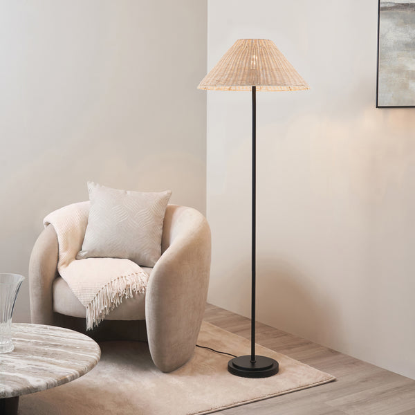 Arlo Floor Lamp in Matt Black with Natural 52cm Rattan Shade