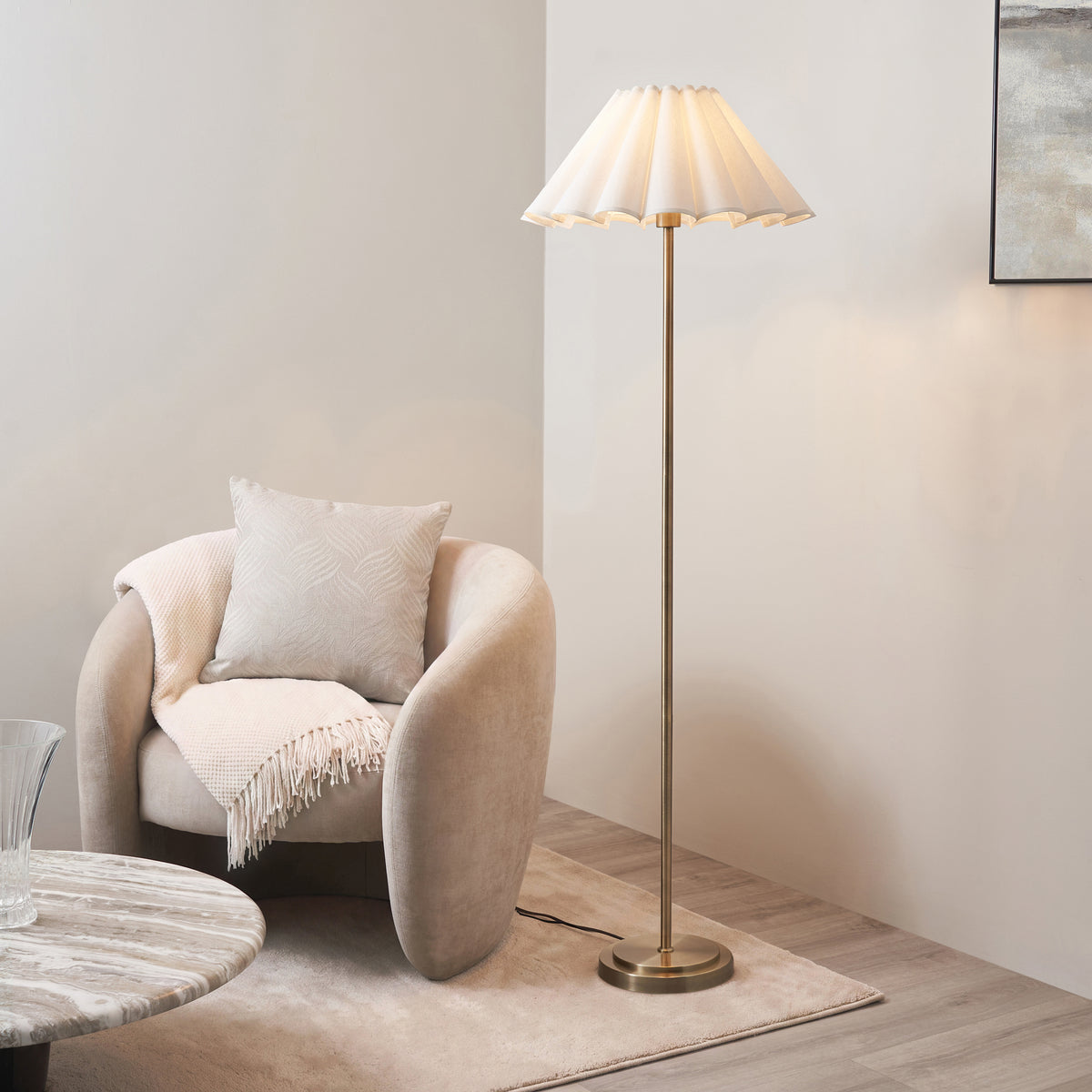Arlo Floor Lamp in Antique Brass with Ayla 53cm Vintage White Scalloped Cotton Shade