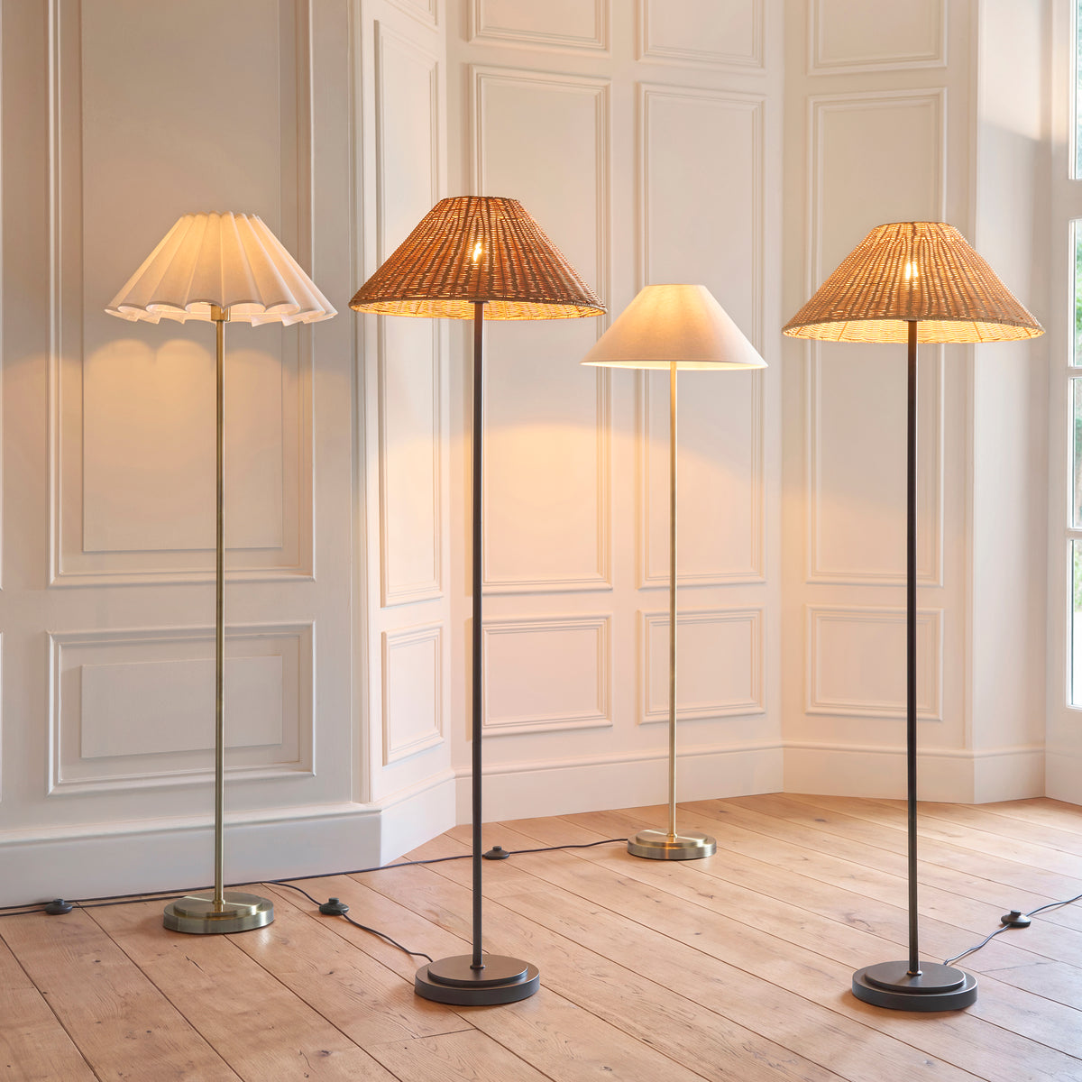 Arlo Floor Lamp in Antique Brass with Ayla 53cm Vintage White Scalloped Cotton Shade