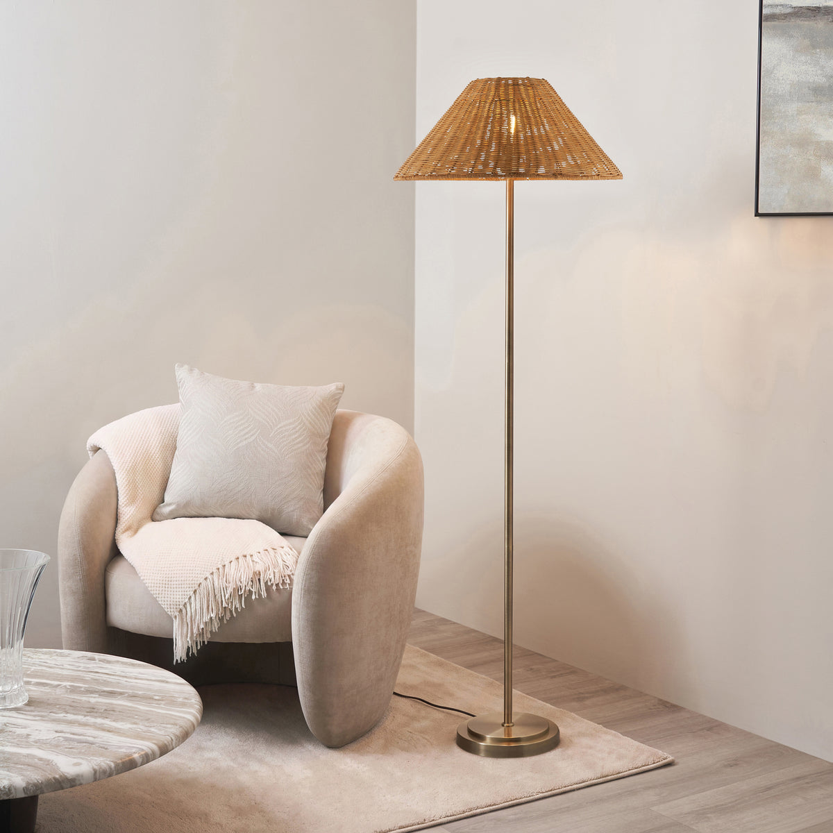 Arlo Floor Lamp in Antique Brass with Warm Brown 52cm Rattan Shade