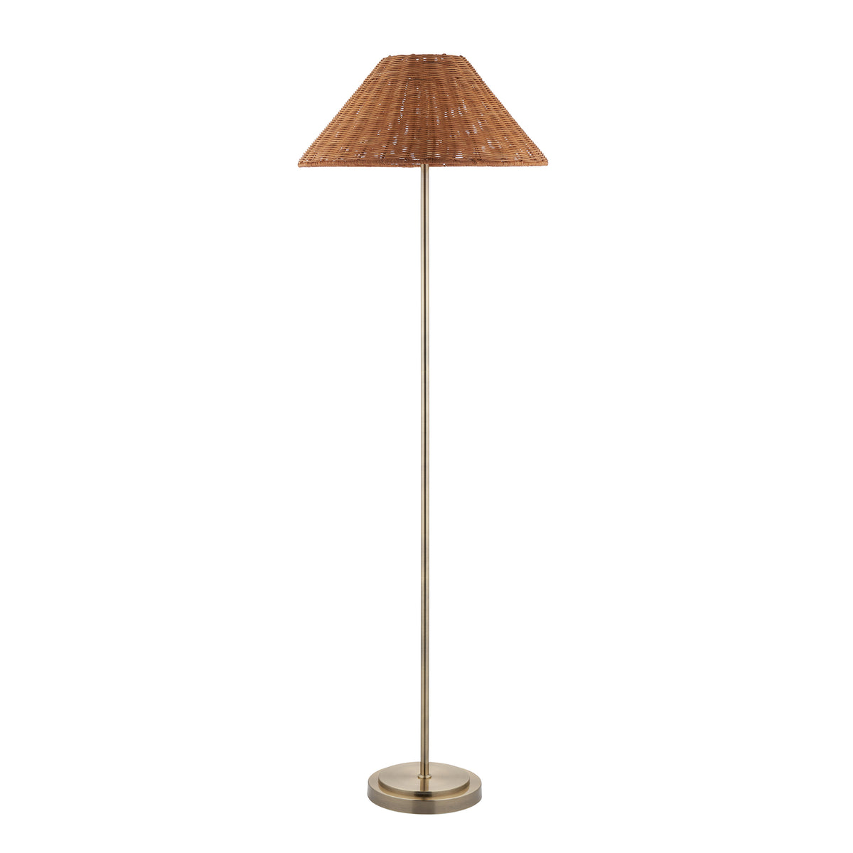 Arlo Floor Lamp in Antique Brass with Warm Brown 52cm Rattan Shade