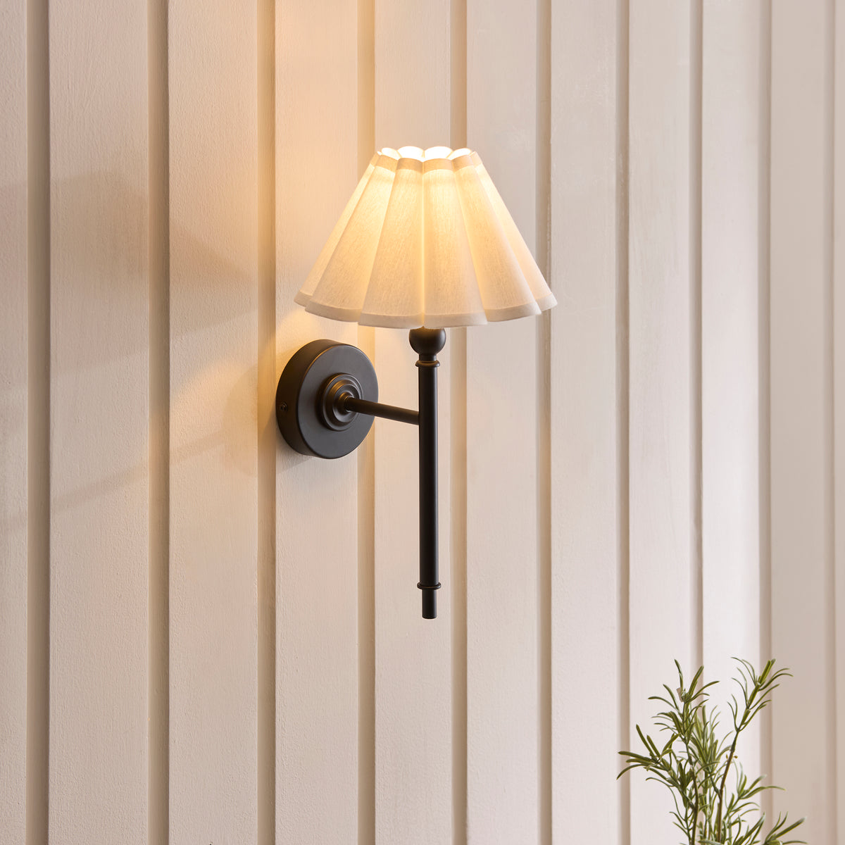 Sylvie Wall Light in Matt Black with Vintage White Cotton Fabric Shade