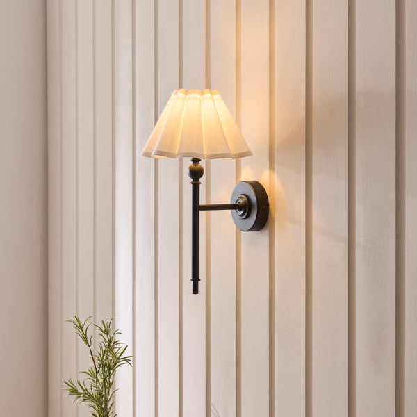 Sylvie Wall Light in Matt Black with Vintage White Cotton Fabric Shade