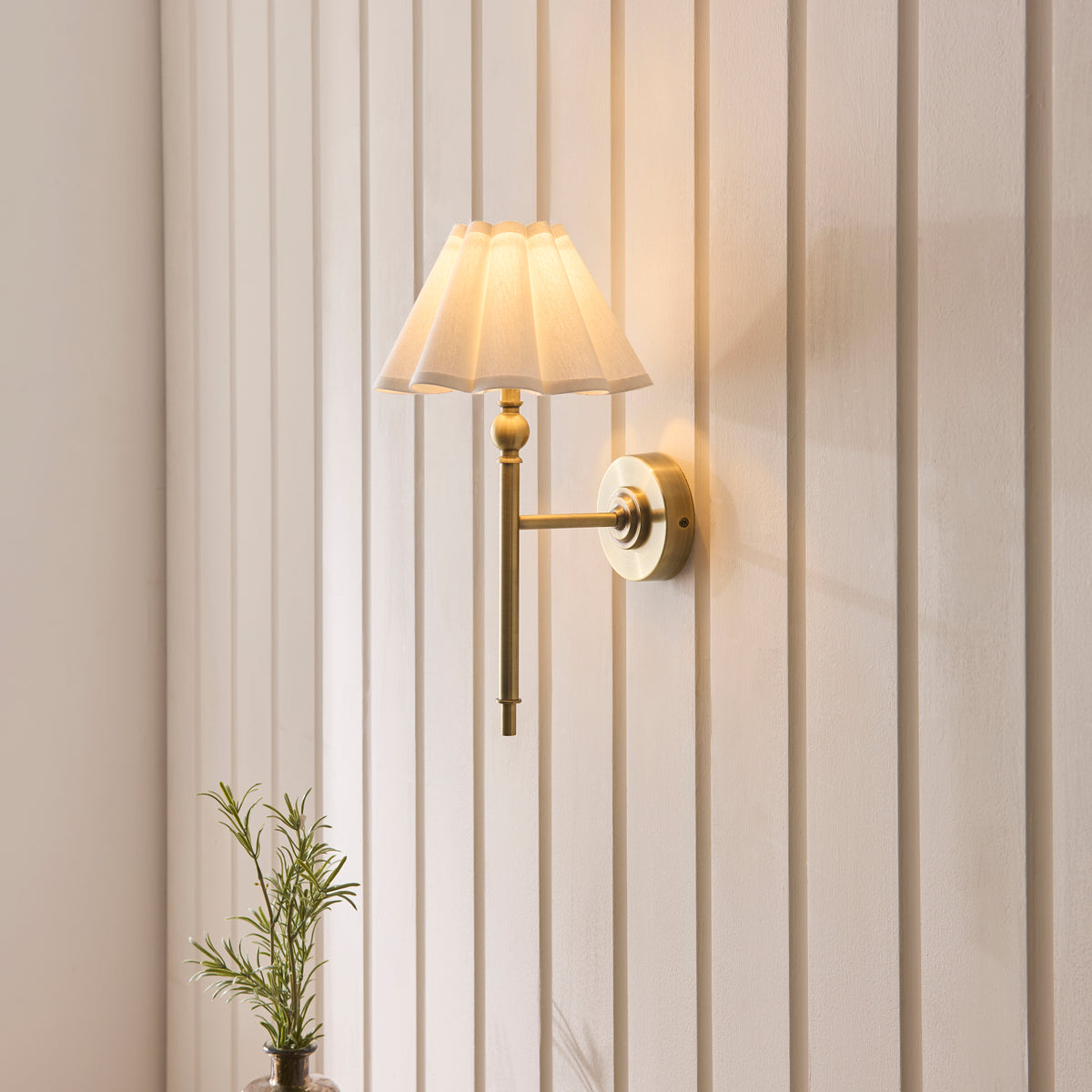 Sylvie Wall Light in Antique Brass with Vintage White Cotton Fabric Shade