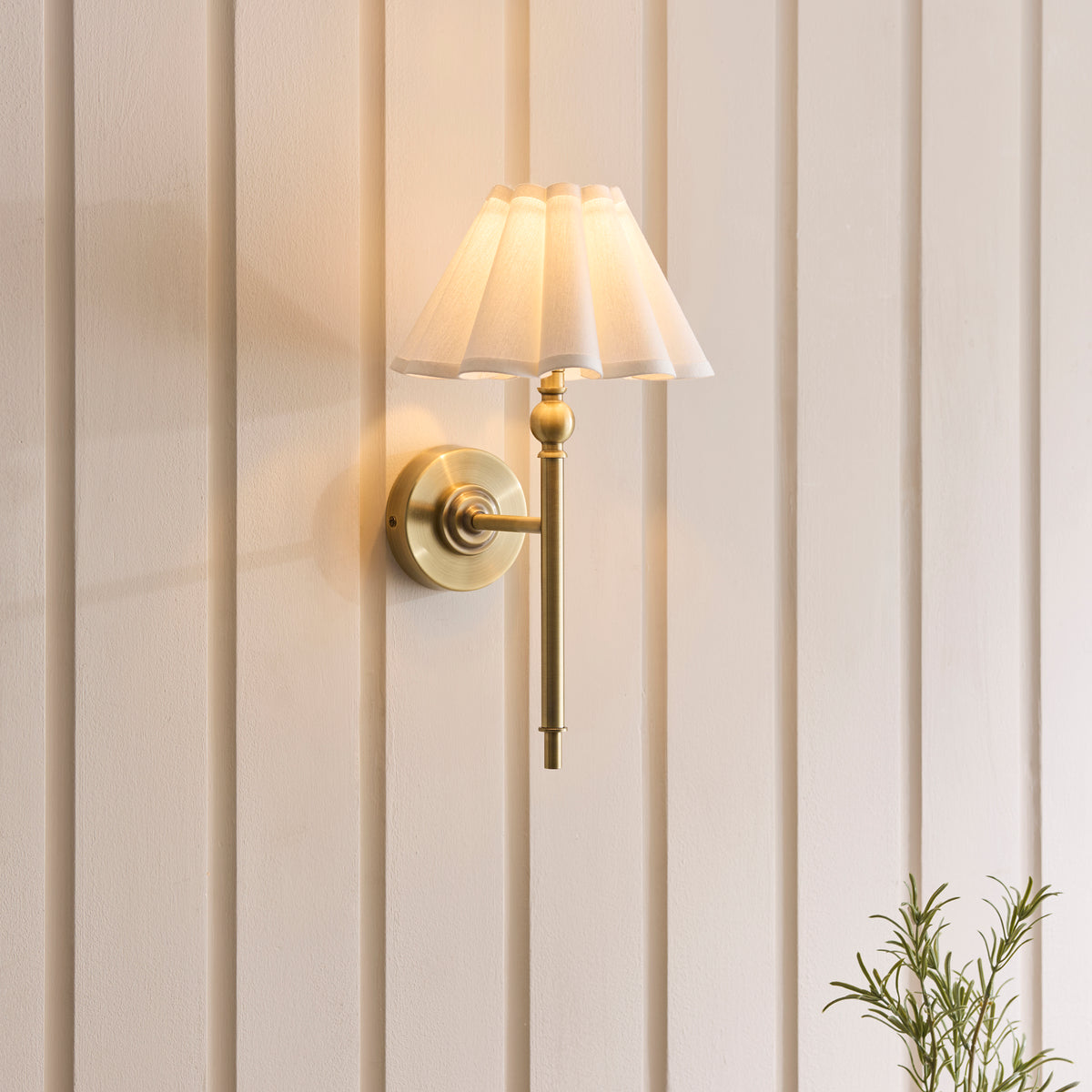 Sylvie Wall Light in Antique Brass with Vintage White Cotton Fabric Shade