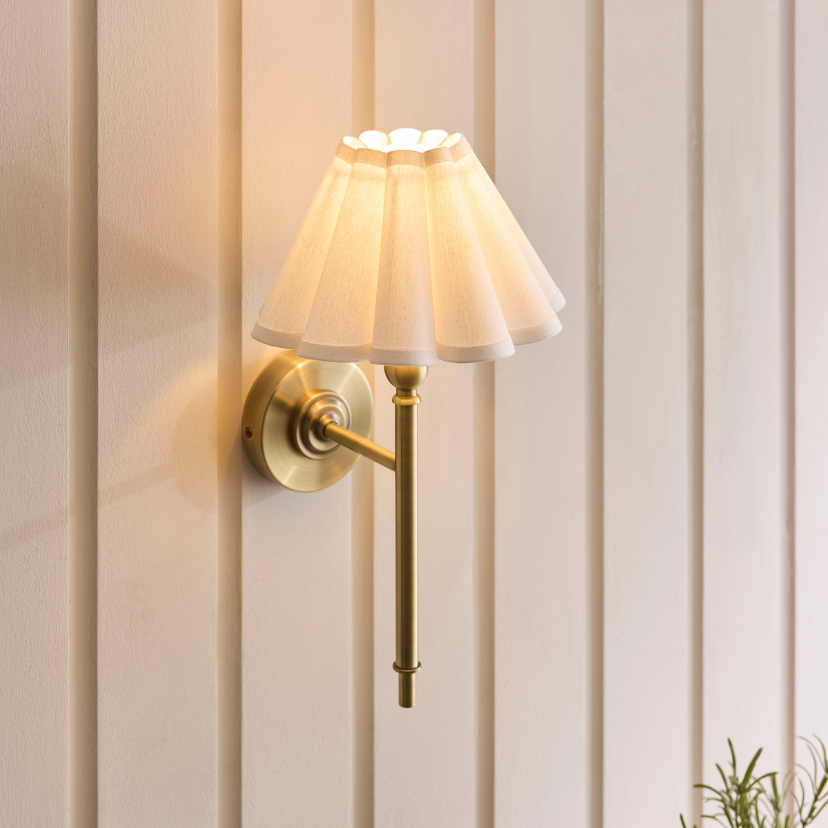 Sylvie Wall Light in Antique Brass with Vintage White Cotton Fabric Shade