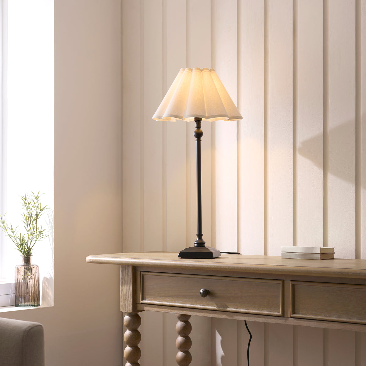 Sylvie Table Lamp in Matt Black with Vintage White Cotton Fabric Shade