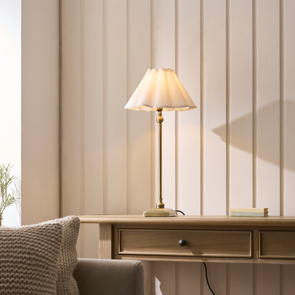 Sylvie Table Lamp in Antique Brass with Vintage White Cotton Fabric Shade