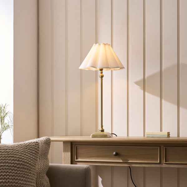 Sylvie Table Lamp in Antique Brass with Vintage White Cotton Fabric Shade