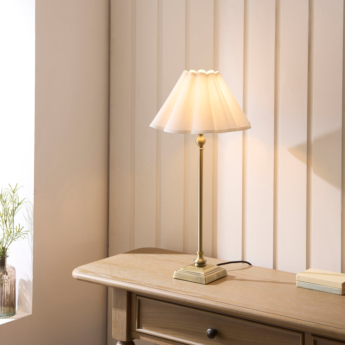 Sylvie Table Lamp in Antique Brass with Vintage White Cotton Fabric Shade