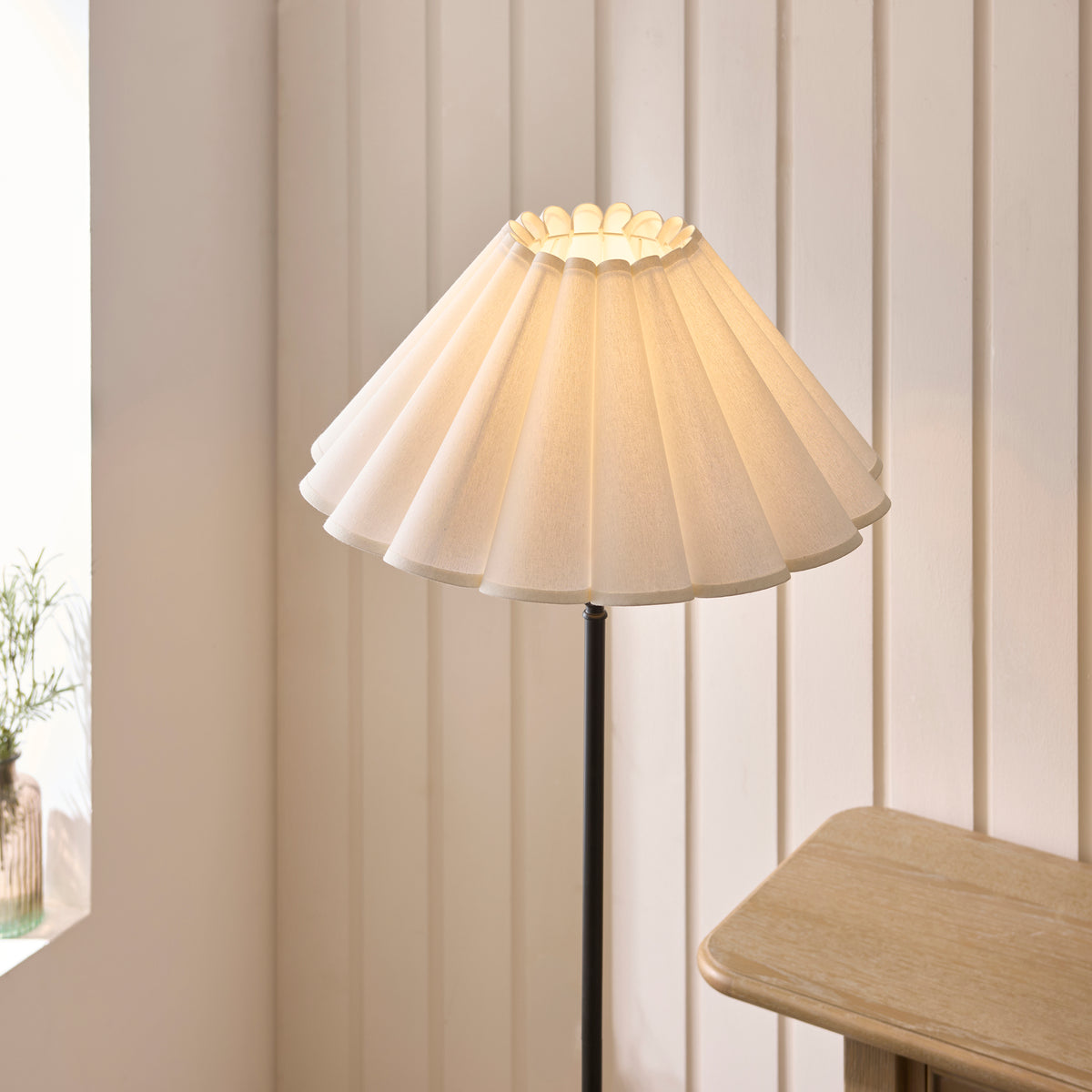 Sylvie Floor Lamp in Matt Black with Vintage White Cotton Fabric Shade