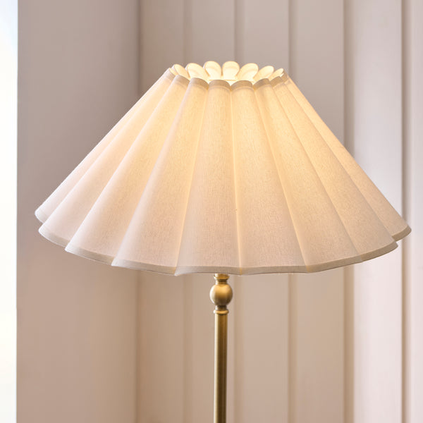 Sylvie Floor Lamp in Antique Brass with Vintage White Cotton Fabric Shade