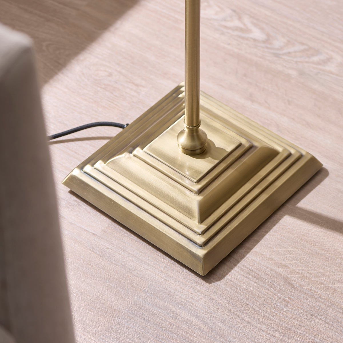 Sylvie Floor Lamp in Antique Brass with Vintage White Cotton Fabric Shade