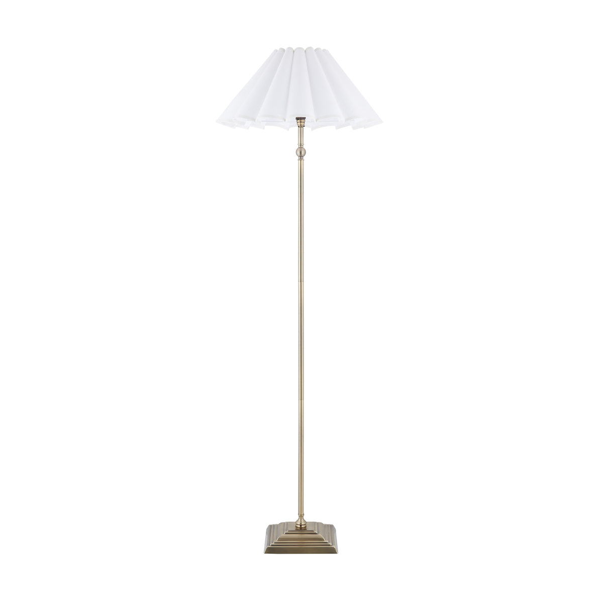 Sylvie Floor Lamp in Antique Brass with Vintage White Cotton Fabric Shade