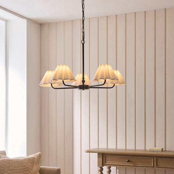 Sylvie Five Light Pendant Chandelier in Matt Black with Vintage White Shades