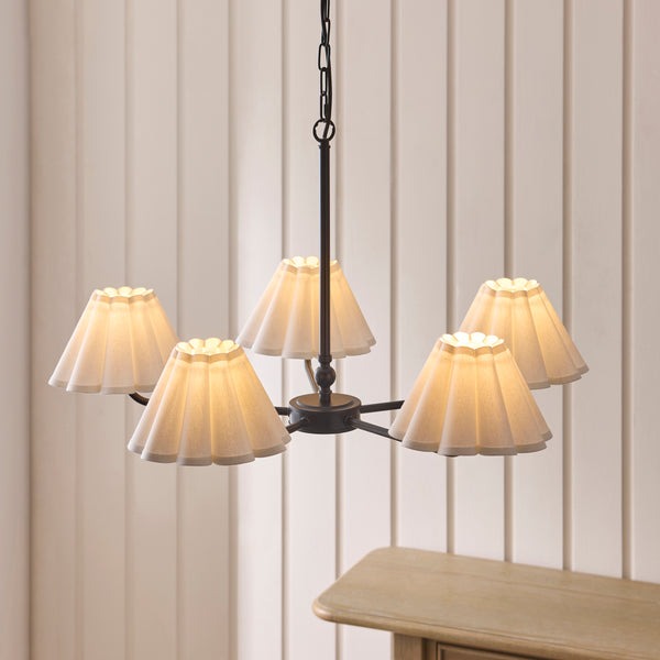 Sylvie Five Light Pendant Chandelier in Matt Black with Vintage White Shades