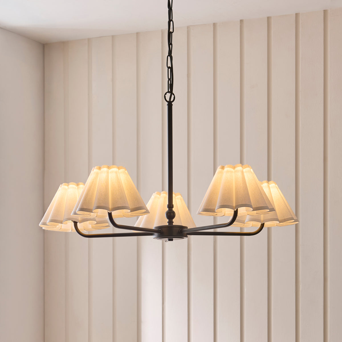 Sylvie Five Light Pendant Chandelier in Matt Black with Vintage White Shades