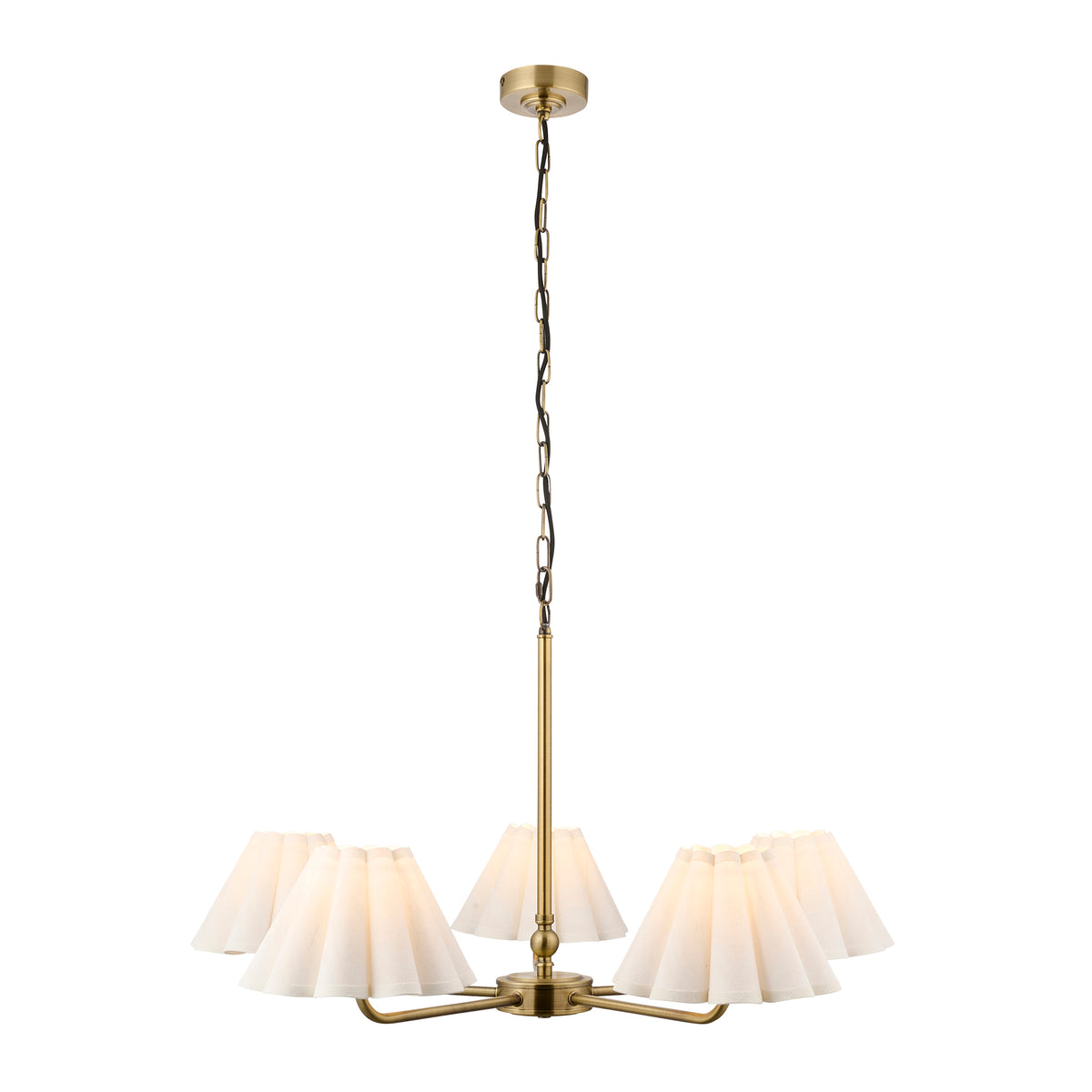 Sylvie Five Light Pendant Chandelier in Antique Brass with Vintage White Shades