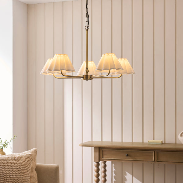 Sylvie Five Light Pendant Chandelier in Antique Brass with Vintage White Shades