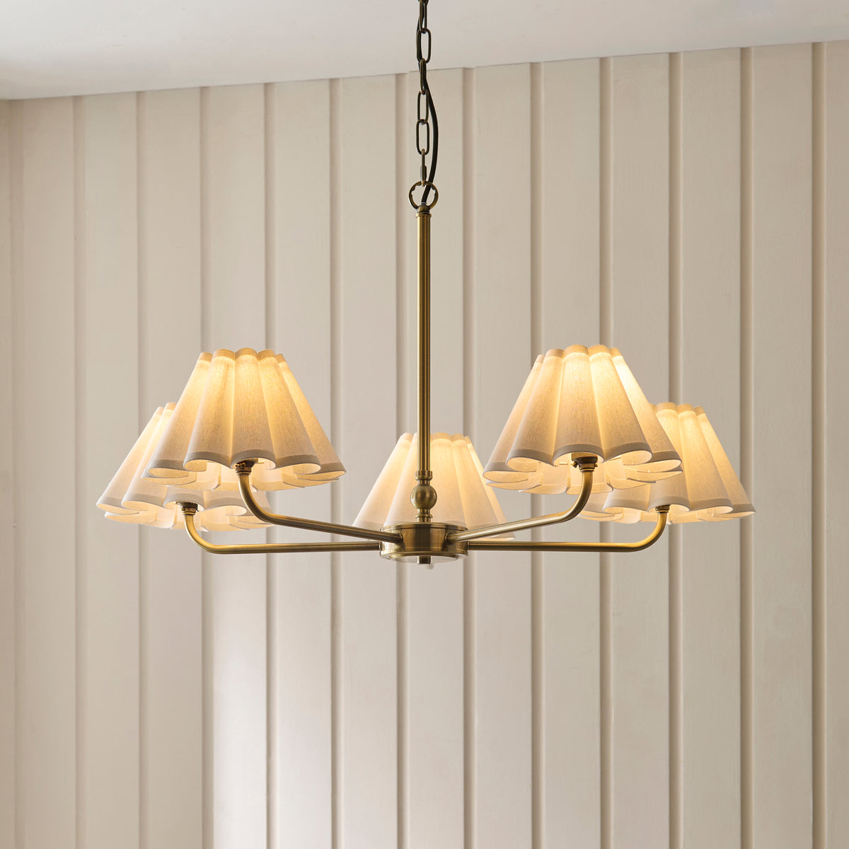 Sylvie Five Light Pendant Chandelier in Antique Brass with Vintage White Shades