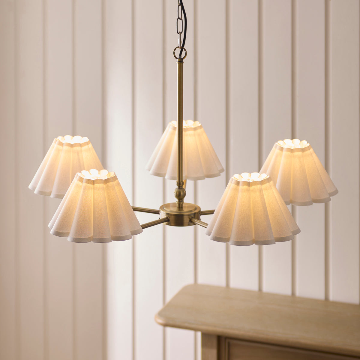Sylvie Five Light Pendant Chandelier in Antique Brass with Vintage White Shades