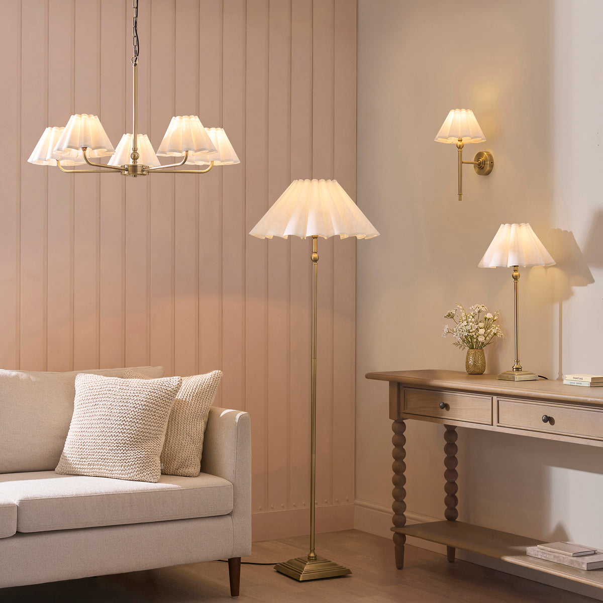 Sylvie Five Light Pendant Chandelier in Antique Brass with Vintage White Shades