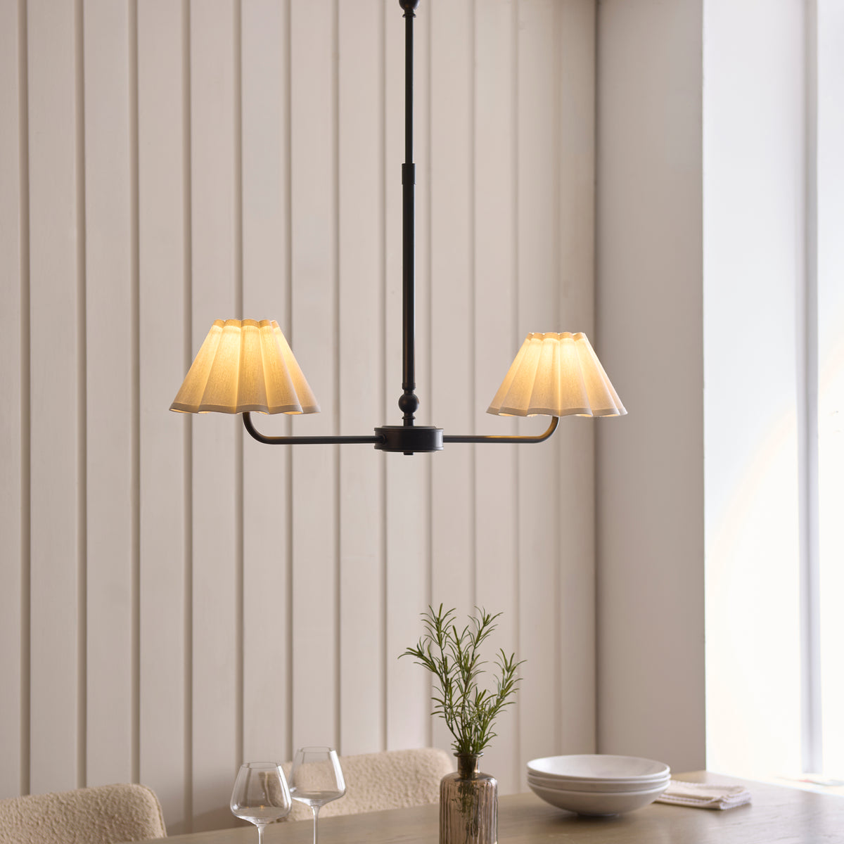 Sylvie Two Light Linear Pendant in Matt Black with Vintage White Shades
