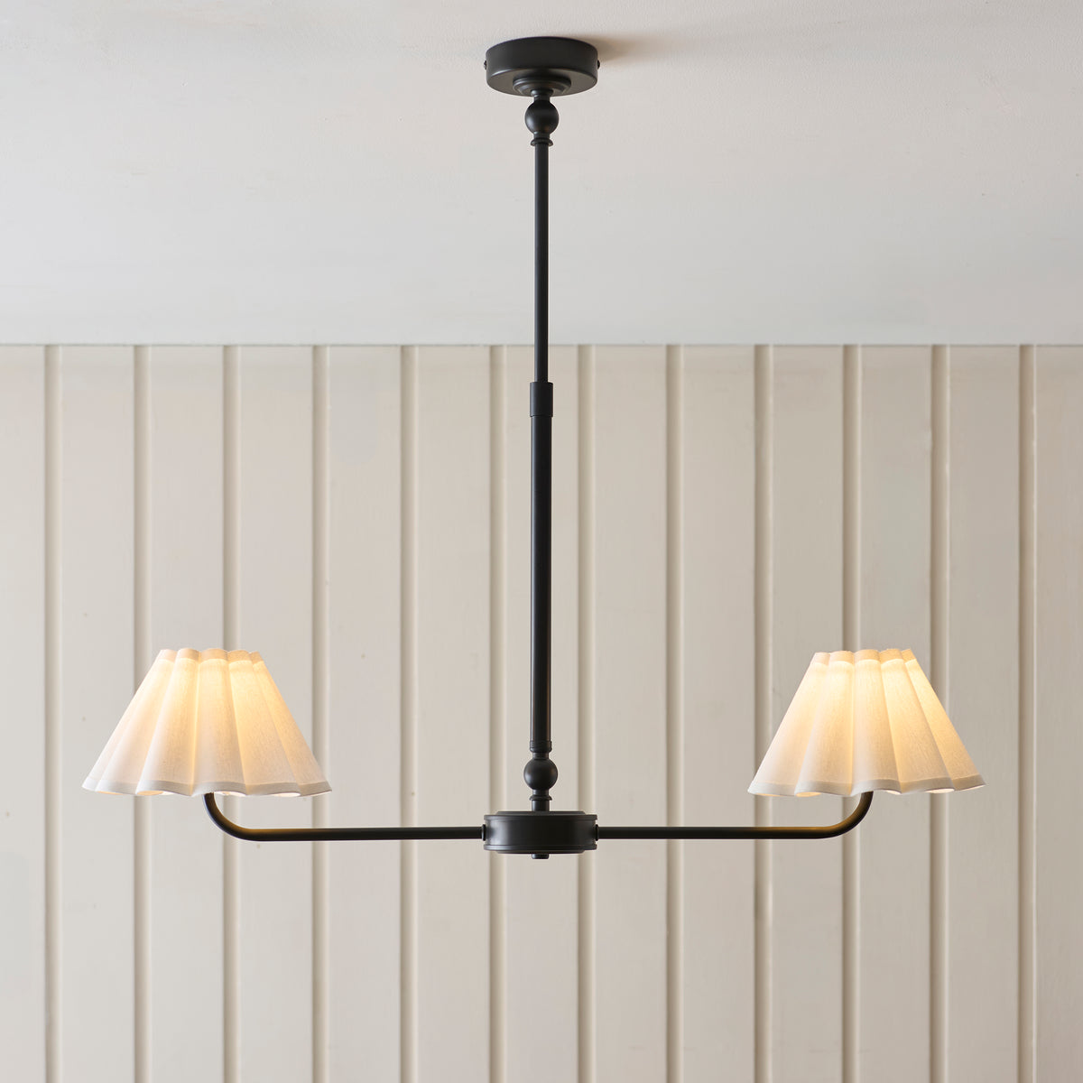 Sylvie Two Light Linear Pendant in Matt Black with Vintage White Shades