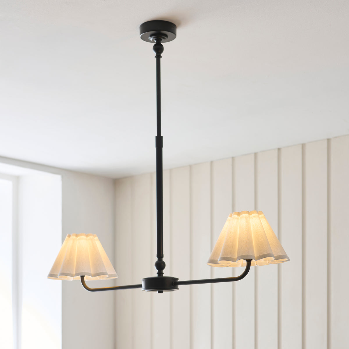 Sylvie Two Light Linear Pendant in Matt Black with Vintage White Shades