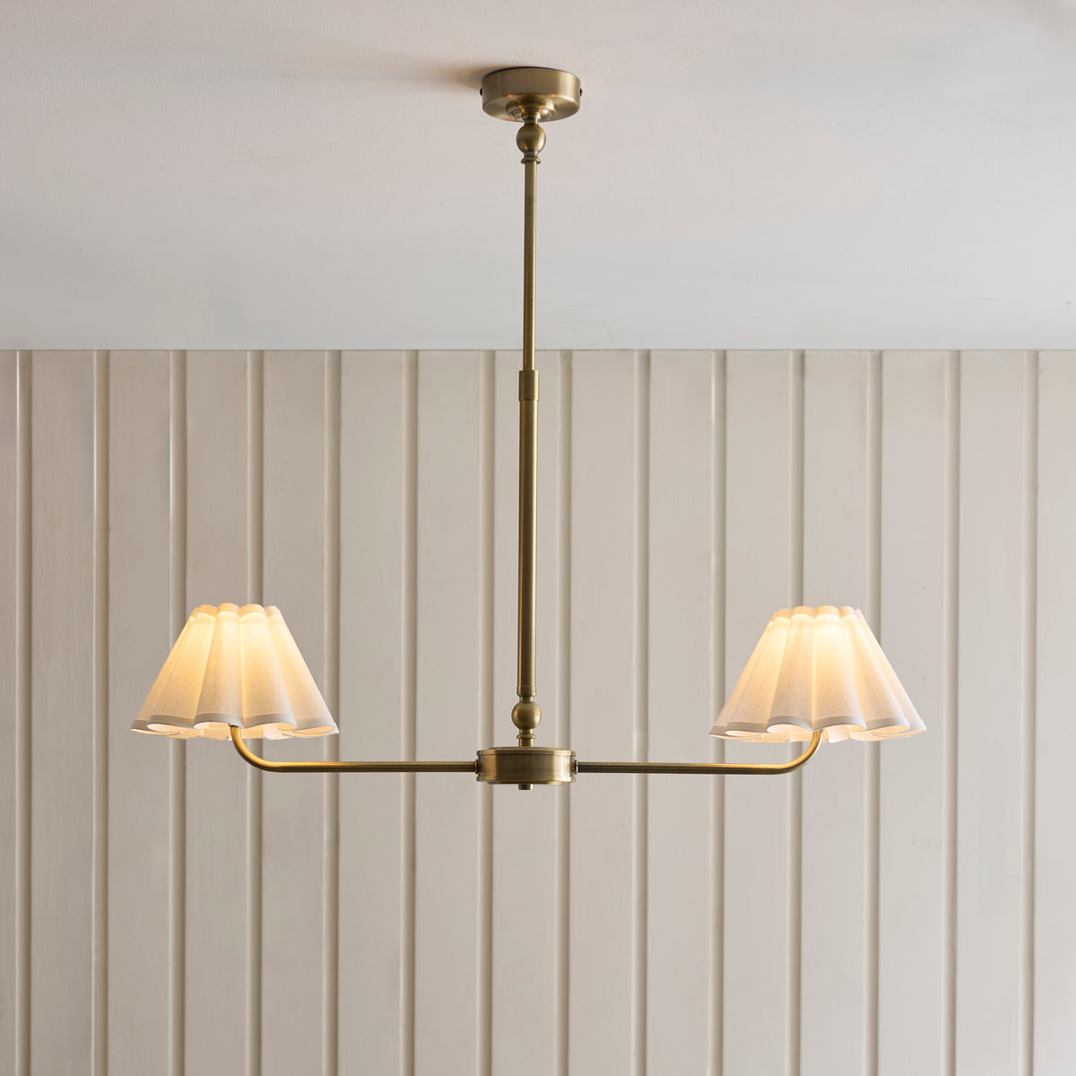 Sylvie Two Light Linear Pendant in Antique Brass with Vintage White Shades