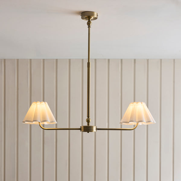 Sylvie Two Light Linear Pendant in Antique Brass with Vintage White Shades