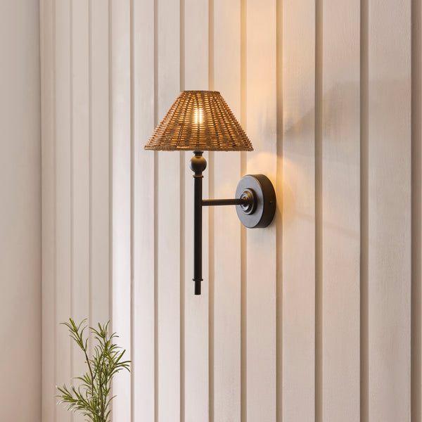 Jericho Wall Light in Matt Black with Warm Brown Rattan Shade