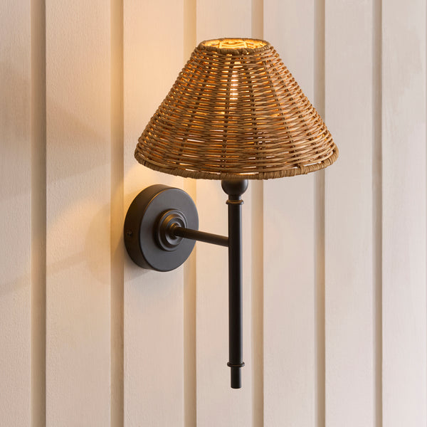 Jericho Wall Light in Matt Black with Warm Brown Rattan Shade